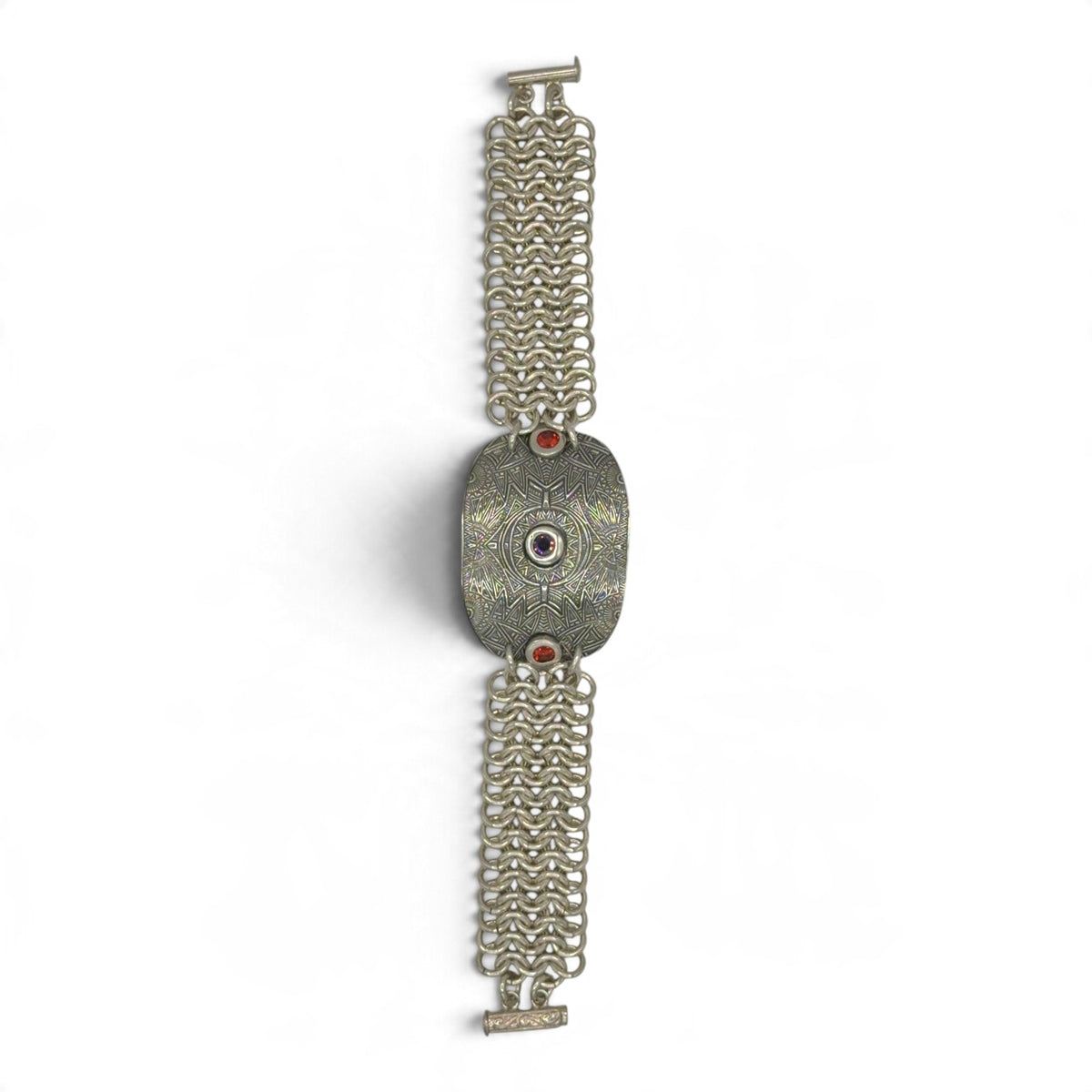 Woven Orbit sterling silver bracelet with orange and purple cubic zirconia and woven links