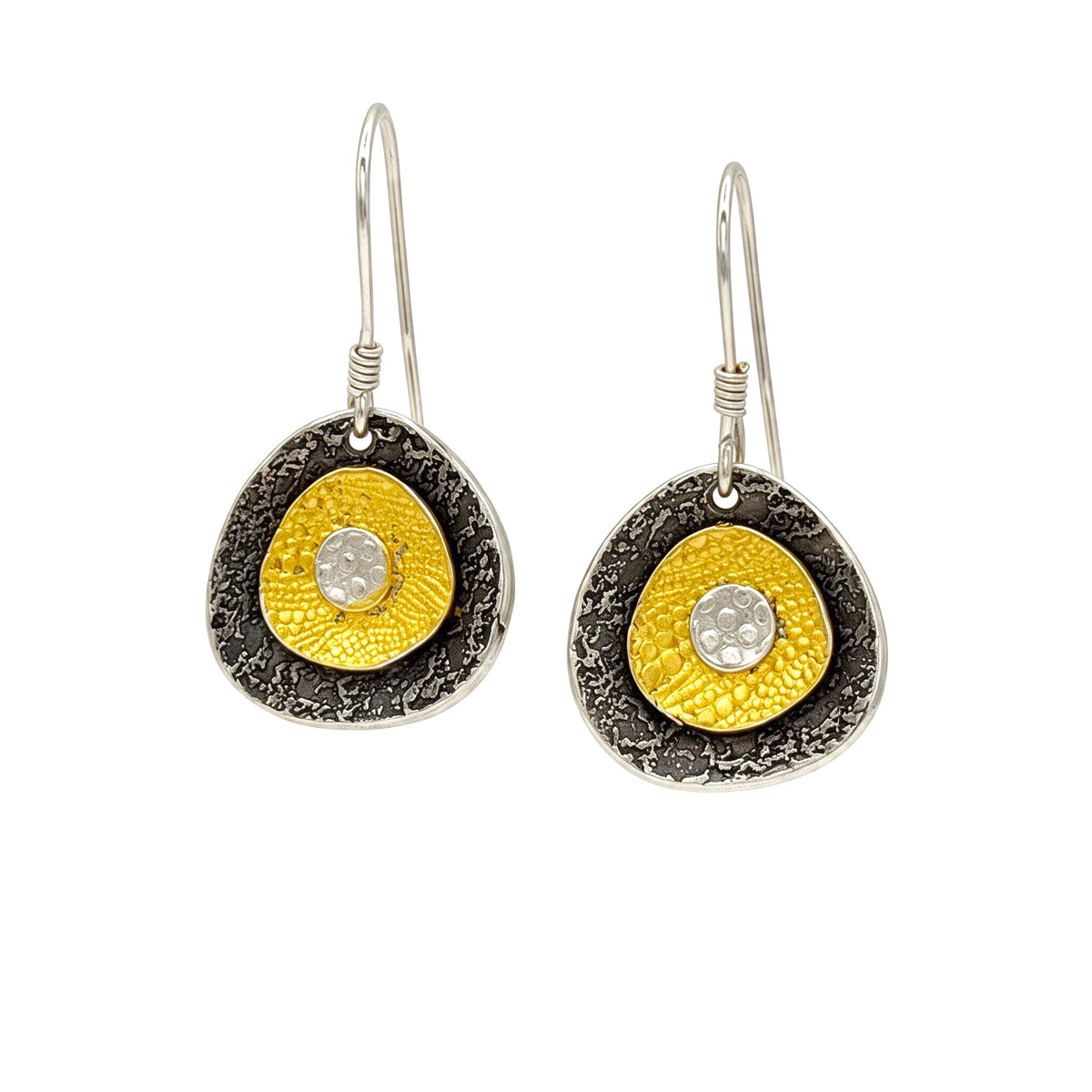 Golden Impressions fine silver earrings with three concave forms and 24k Keum-boo gold accents