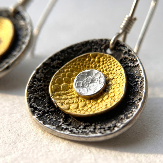 Golden Impressions concave fine silver drop earrings, alternate view