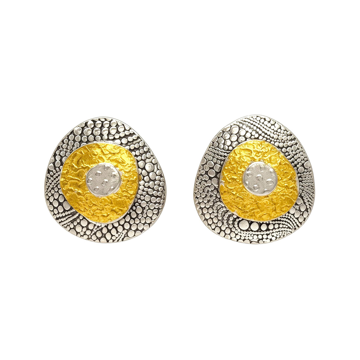 Golden Contours fine silver convex earrings with 24k Keum-boo gold accents and sterling silver posts