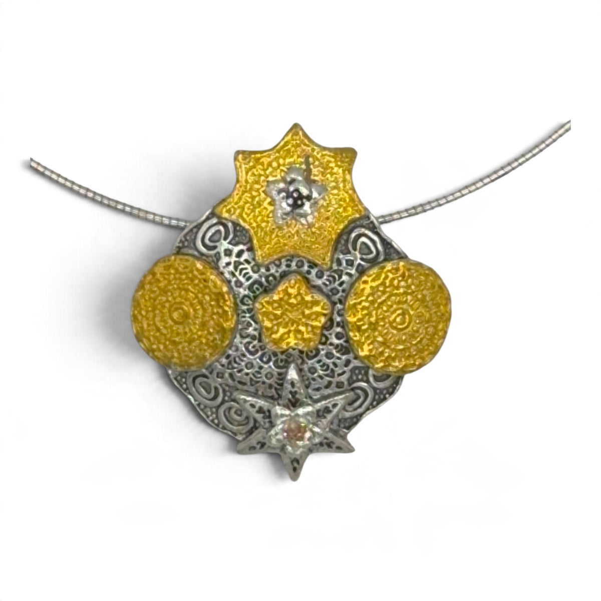 Celestial Alignment fine silver pendant with 24k Keum-boo gold and champagne cubic zirconia