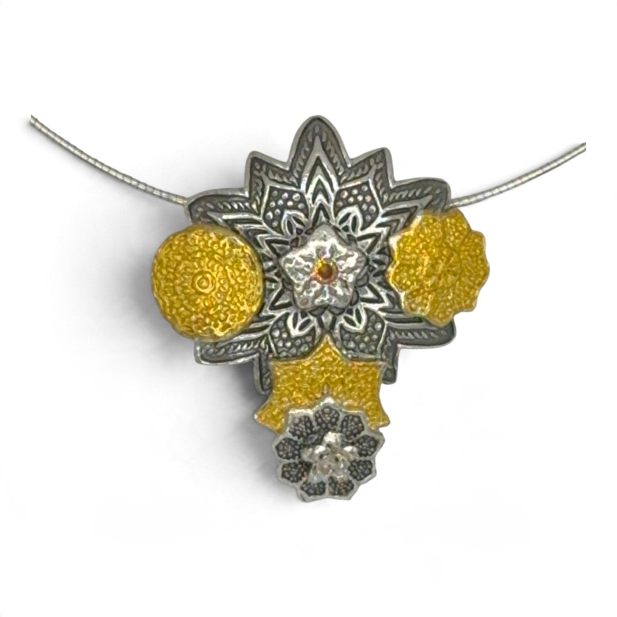 Mandela Madness fine silver pendant with 24k Keum-boo gold and champagne cubic zirconia