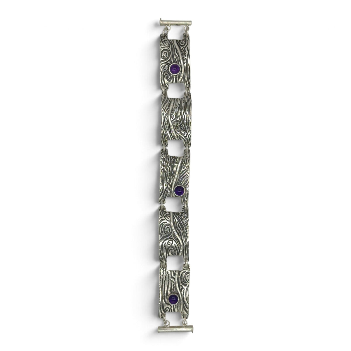 Amethyst Rhythm sterling silver five-link bracelet with three purple amethyst cabochons