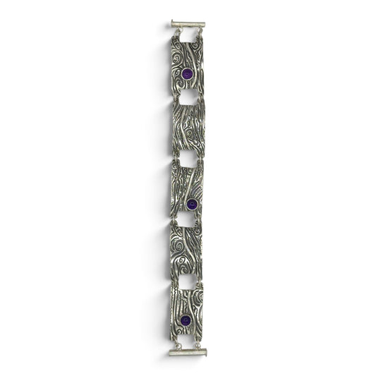 Amethyst Rhythm sterling silver five-link bracelet with three purple amethyst cabochons