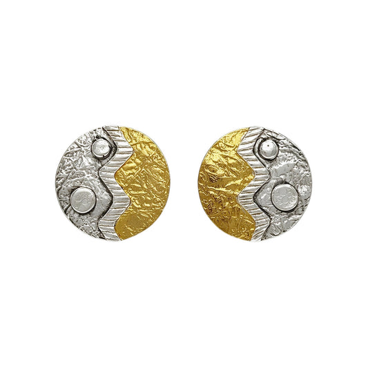 Opposites Attract fine silver post earrings with 24k Keum-boo gold and geometric textured patterns
