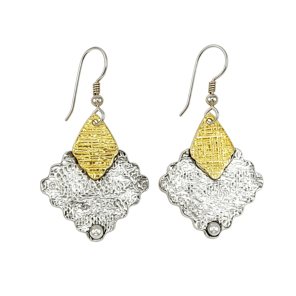 Sunlit Crest fine silver earrings with 24k Keum-boo gold and layered geometric details