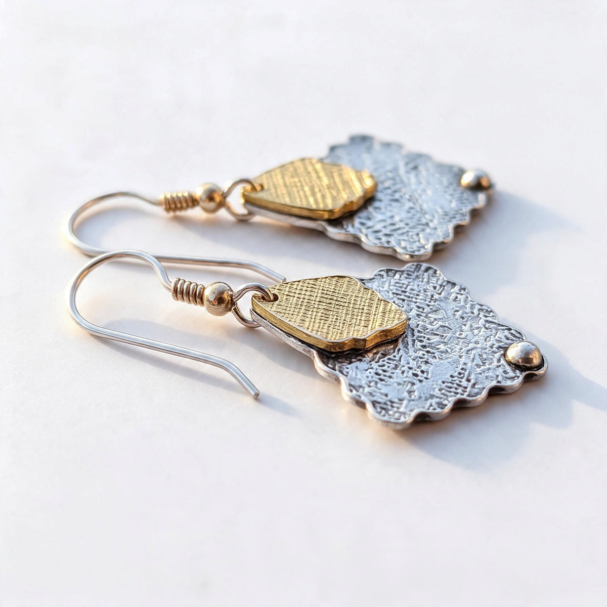 Sunlit Crest fine silver Keum-boo earrings, alternate view