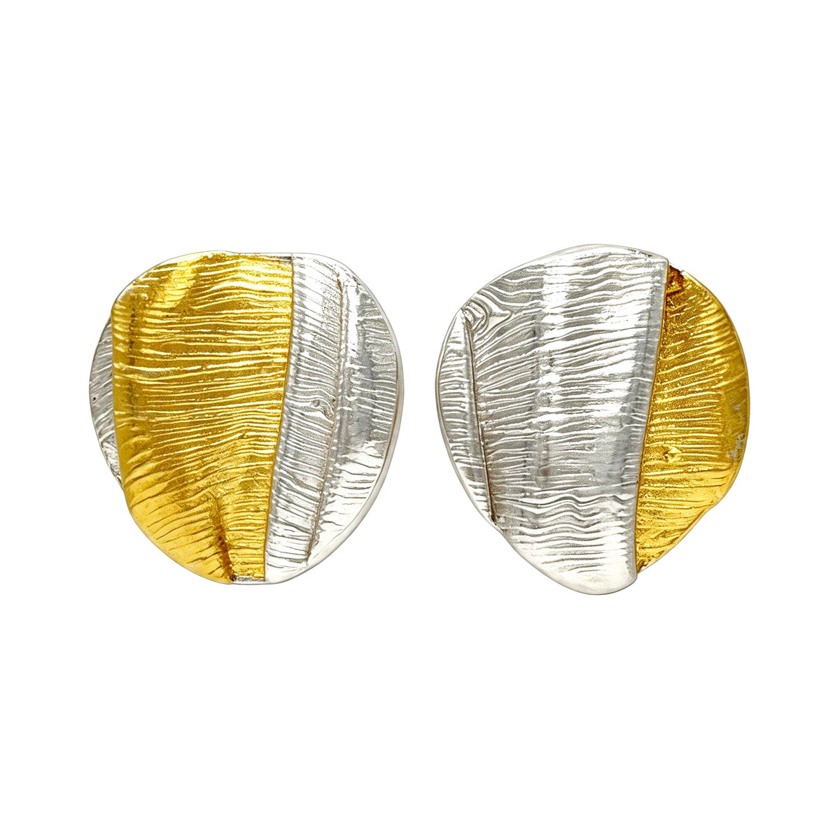 Silken Dusk fine silver post earrings with folded texture and 24k Keum-boo gold
