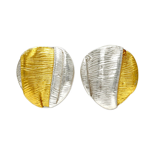 Silken Dusk fine silver post earrings with folded texture and 24k Keum-boo gold