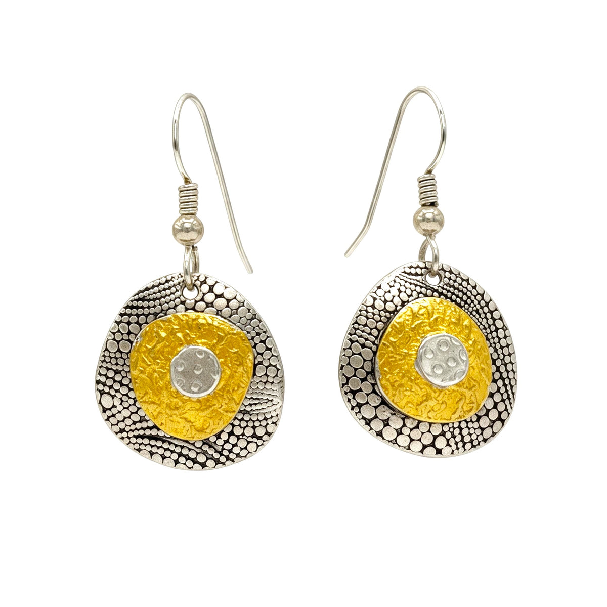 Golden Currents fine silver three-convex-form drop earrings with 24k Keum-boo gold