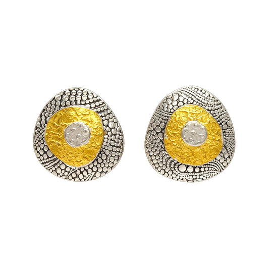 Golden Contours fine silver convex earrings with 24k Keum-boo gold accents and sterling silver posts