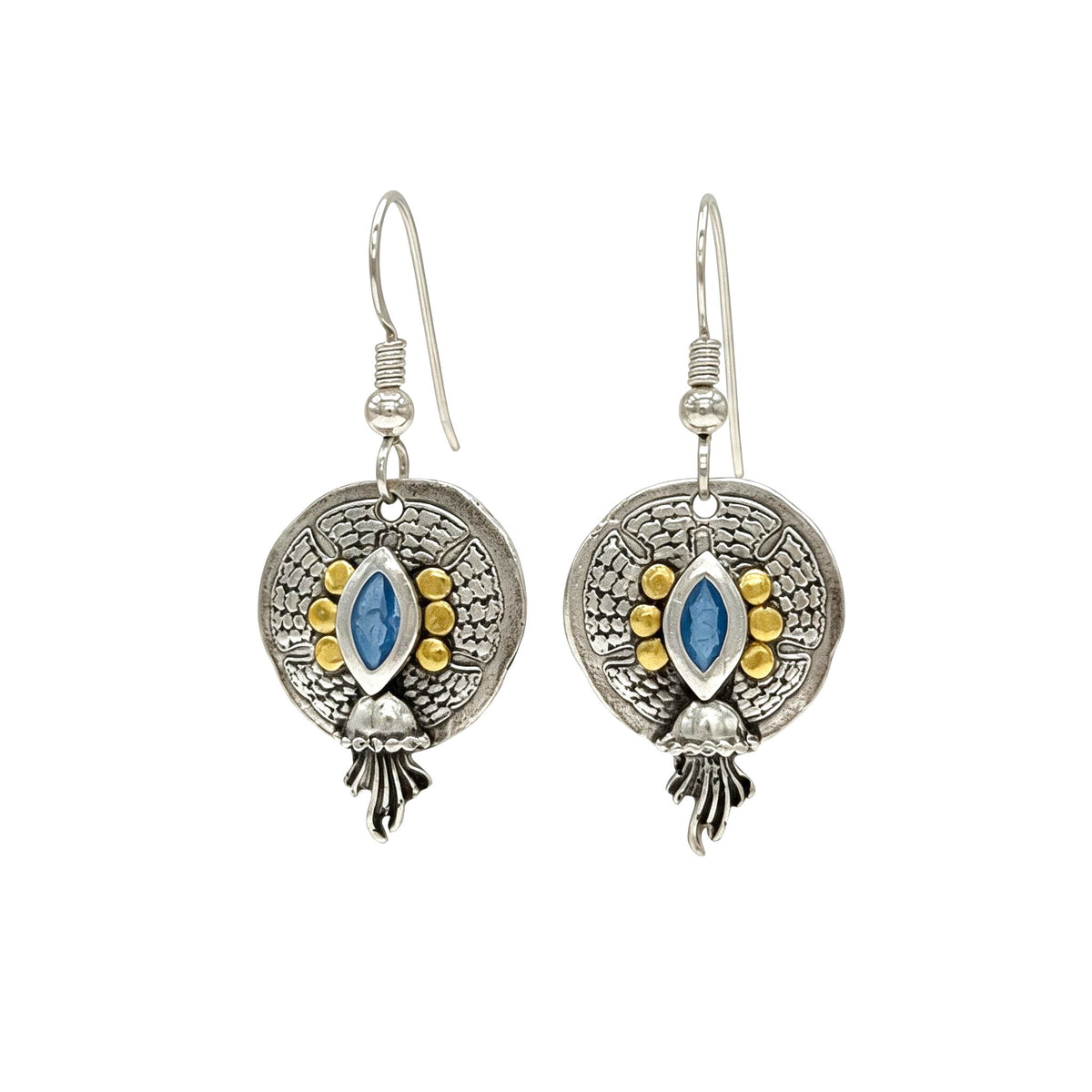 Azure Sands fine silver sand dollar earrings with blue spinel and 22k gold accents
