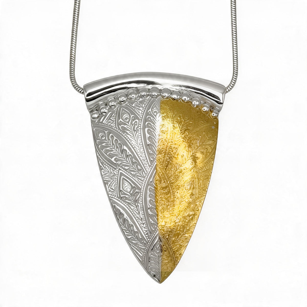 Golden Tapestry fine silver pendant with 24k Keum-boo gold and botanical pattern