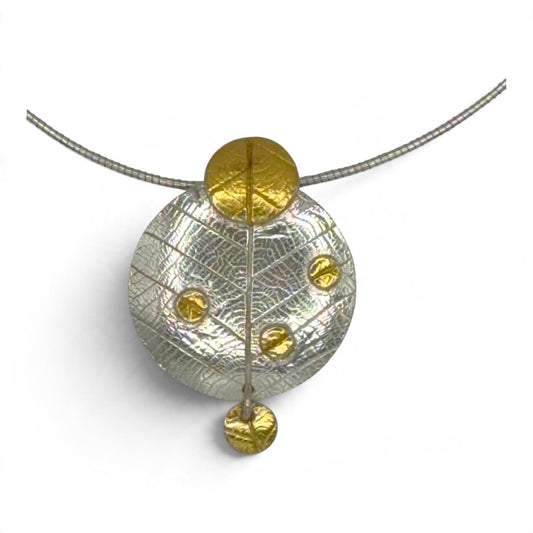 Golden Imprint fine silver leaf pendant with 24k Keum-boo gold circles
