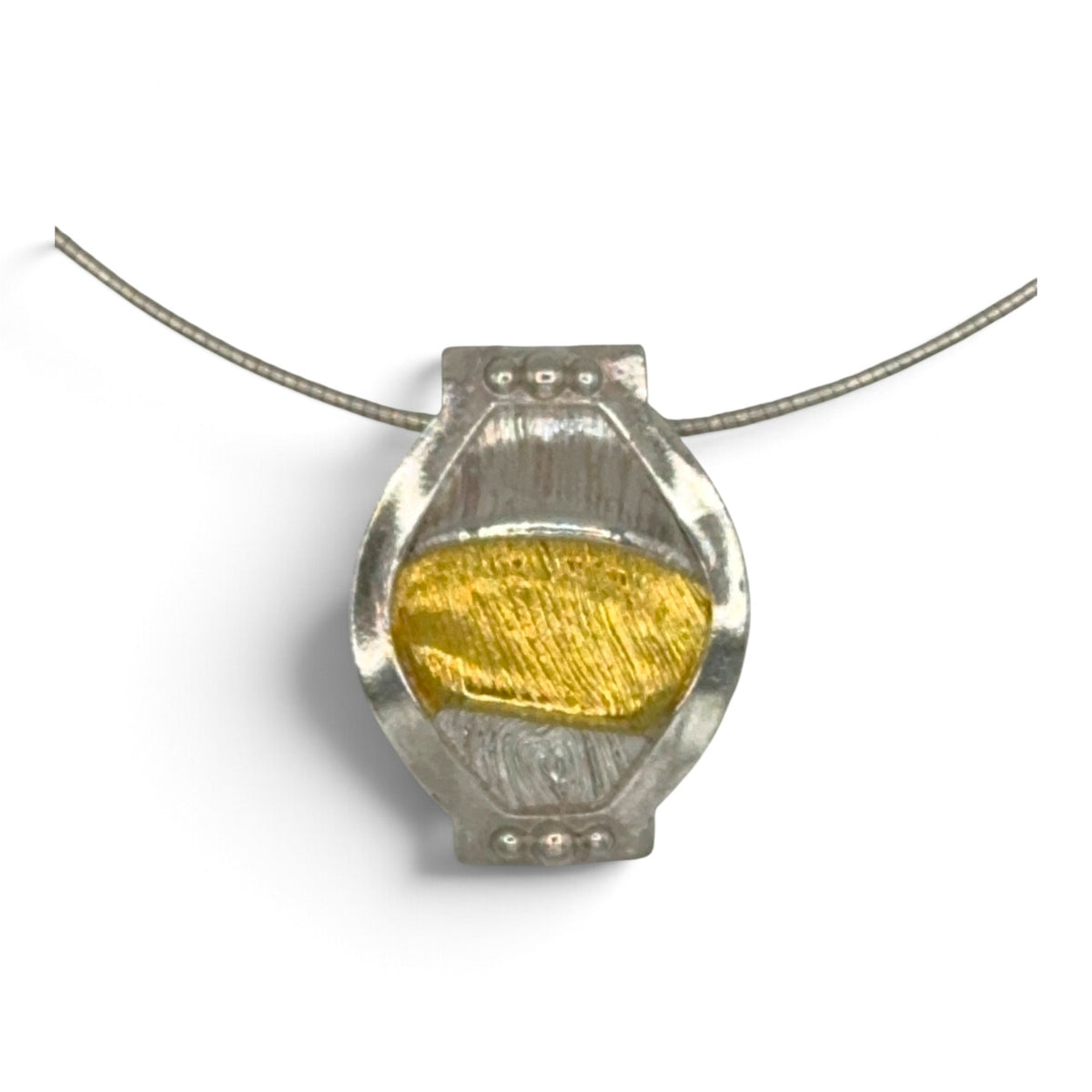 Silk Mosaic sterling and fine silver pendant with 24k Keum-boo gold and raised silver dots