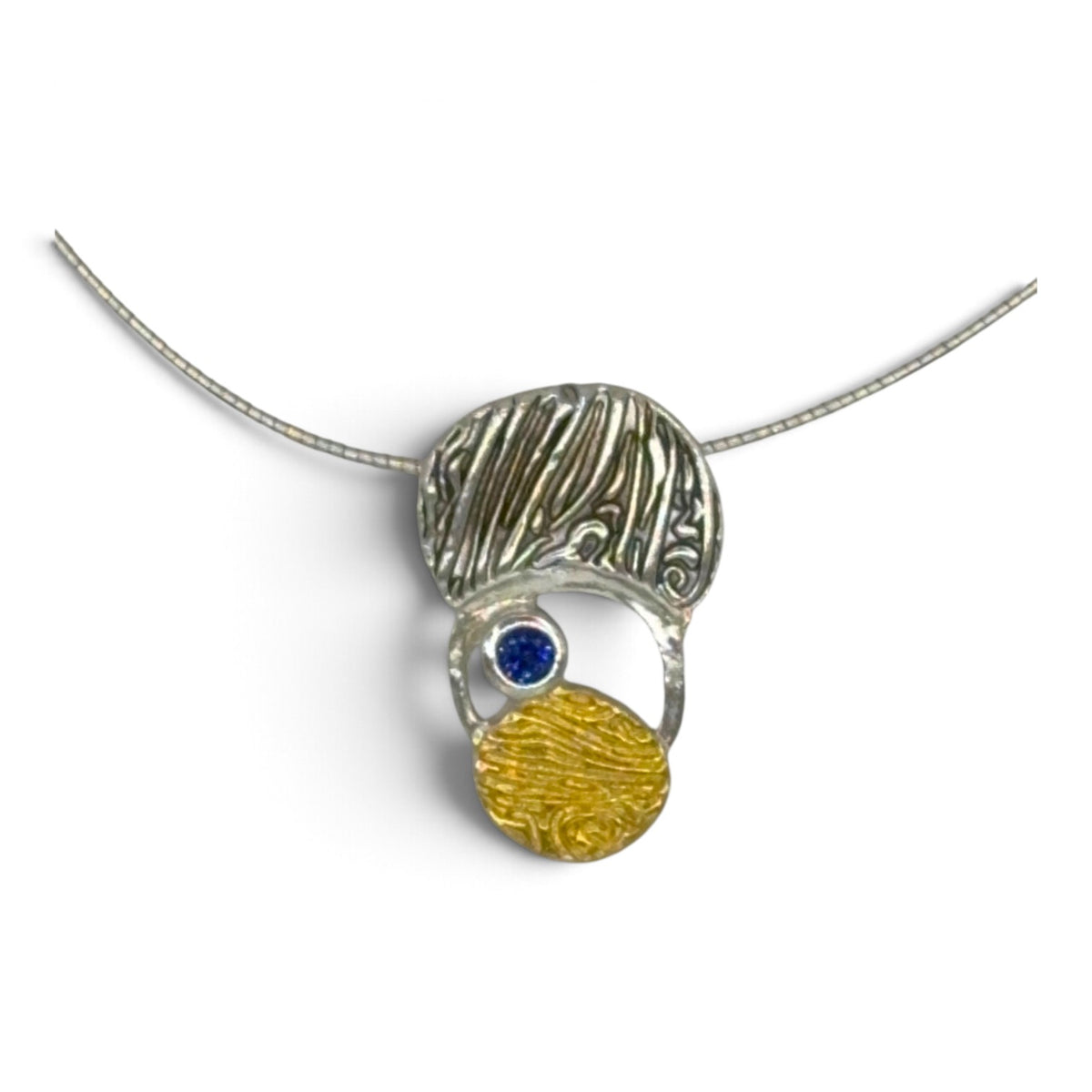 Silver Current fine silver pendant with cultured blue sapphire and 24k Keum-boo gold