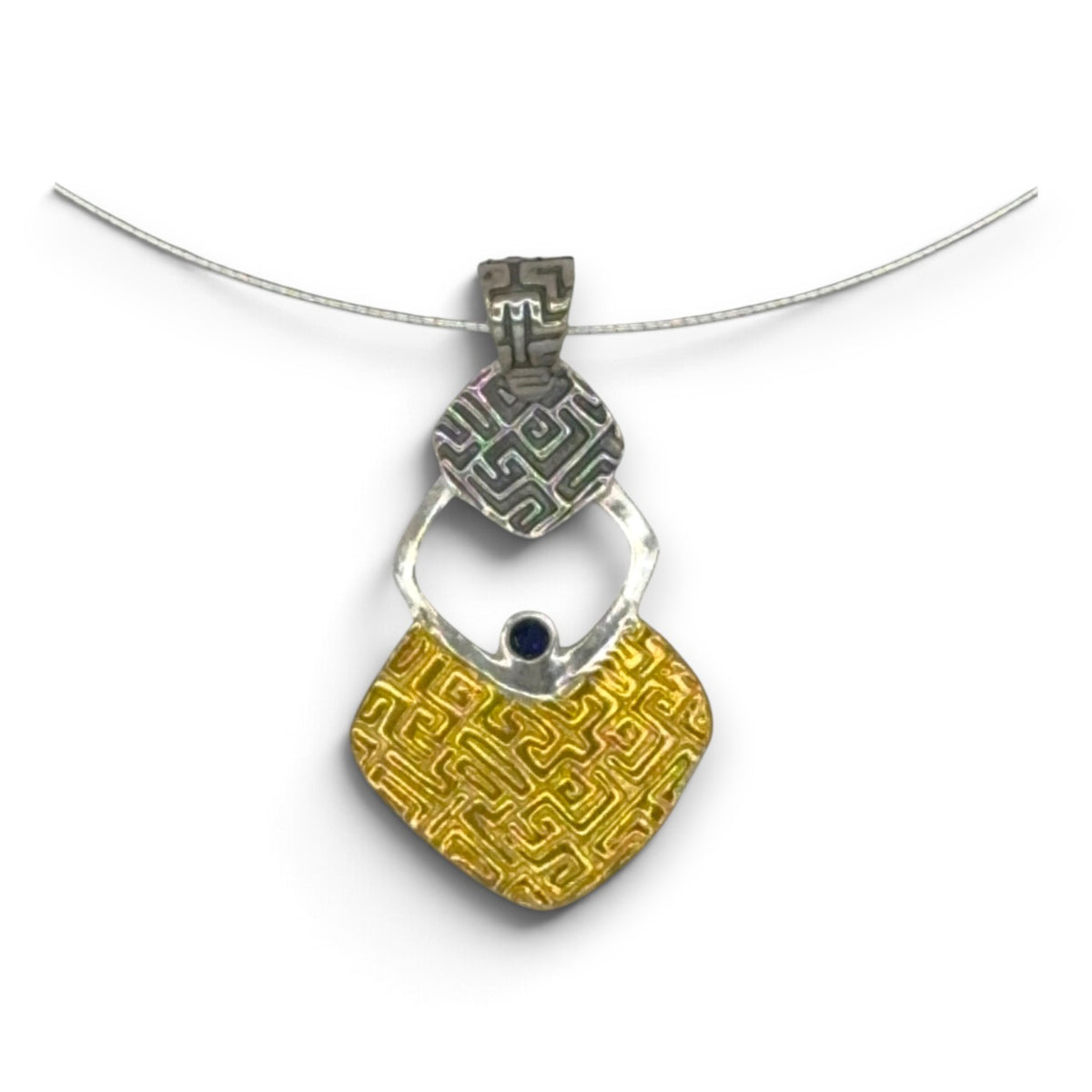 Silver Rhythm fine silver geometric pendant with cultured blue sapphire