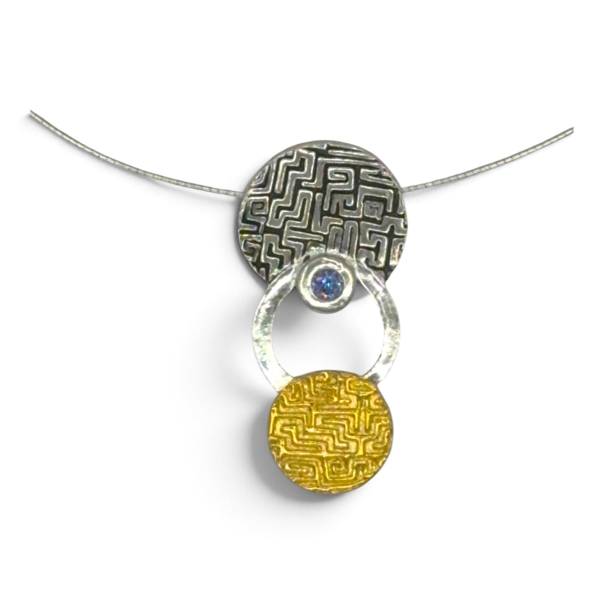 Golden Cascade fine silver pendant with cultured tanzanite and 24k Keum-boo gold