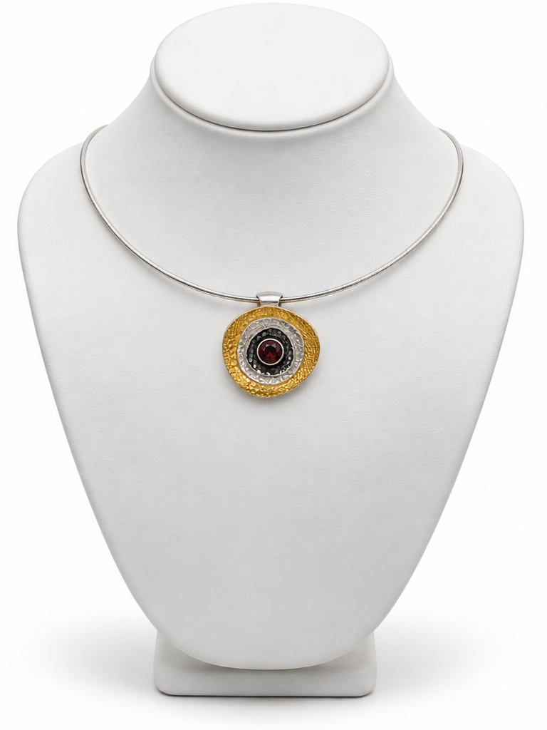 Garnet Orbit fine silver pendant with 24k gold Keum-boo and garnet on sterling silver omega chain