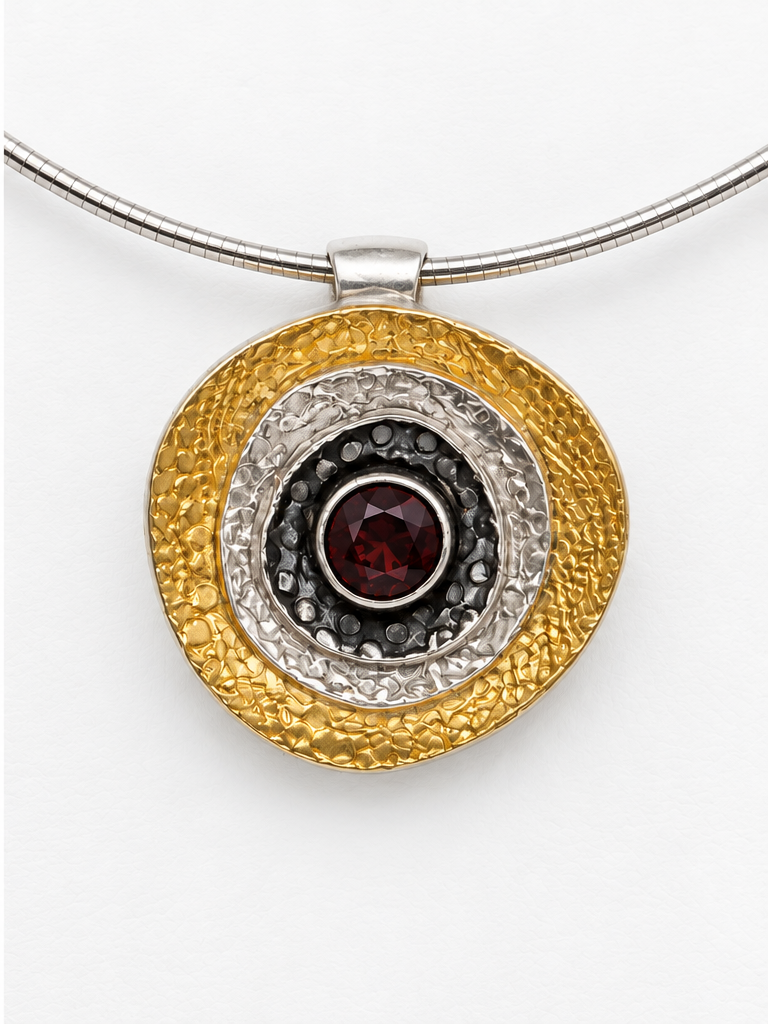 Close view of Garnet Orbit fine silver pendant with 24k gold Keum-boo, oxidized silver and center garnet