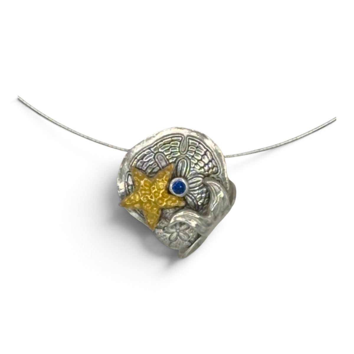 Shoreline Trio fine silver sand dollar pendant with two starfish, 24k Keum-boo gold and blue spinel