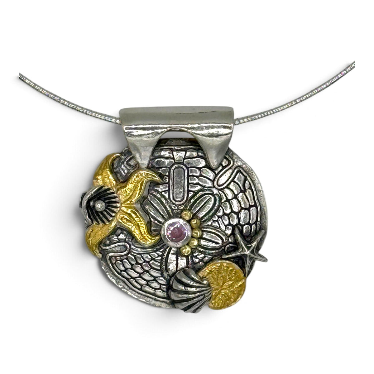 Tidal Treasures fine silver pendant with sand dollar, shells, gold accents and pink cubic zirconia