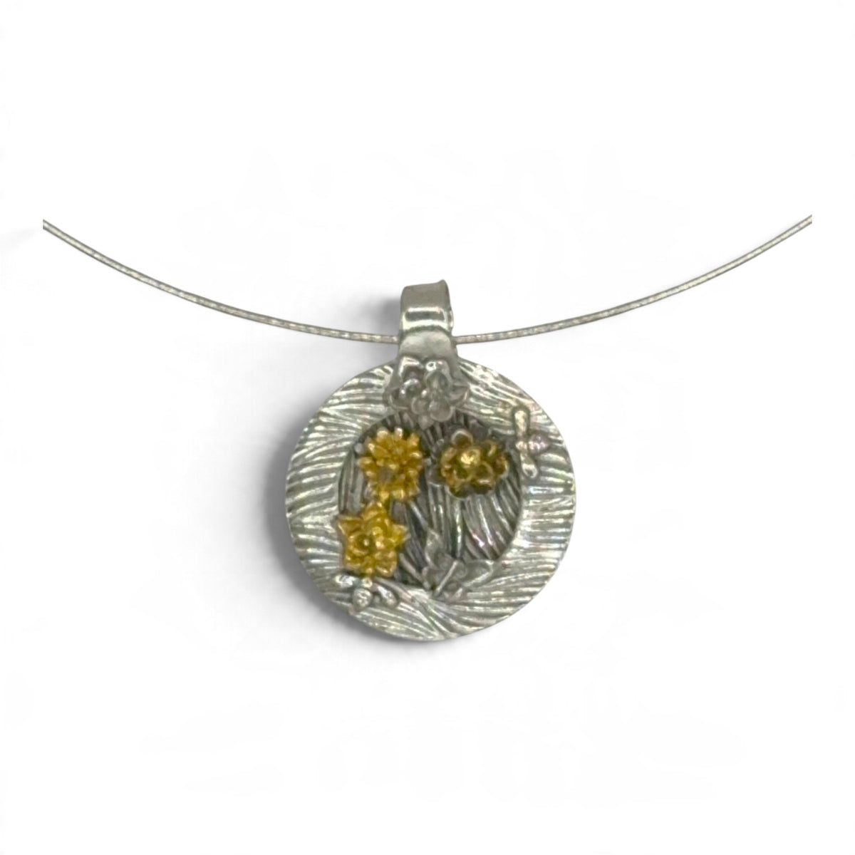Golden Garden fine silver shadowbox pendant with 24k Keum-boo flowers, butterfly and bees